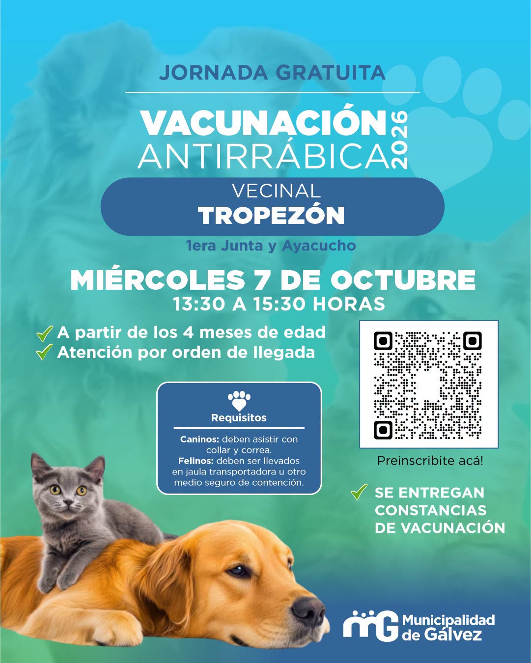 Jornada gratuita de vacunación antirrábica para perros y gatos
